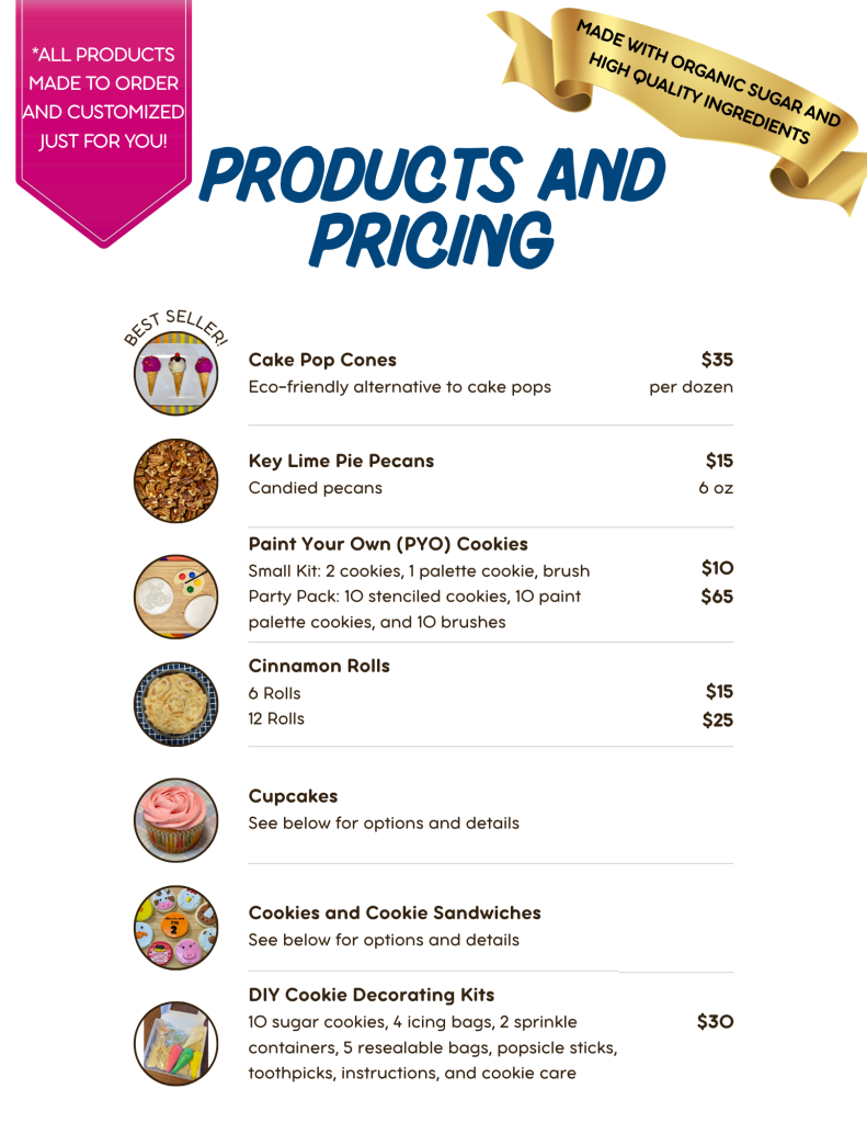 Products and pricing page- quick summary of all products and the price of each. Cake pop cones, candied pecans, PYO cookies, cinnamon rolls, etc.