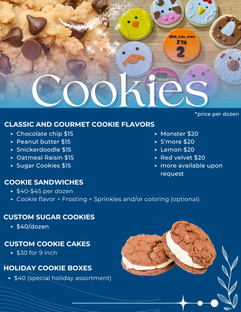 Cookie page outlining the pricing options for Lancaster Lane Treats Cookies, cookie sandwiches, and custom sugar cookies
